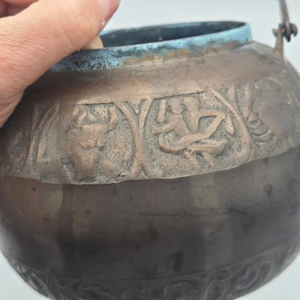 Vintage Chinese Bronze Zodiac Signs Teapot Decorative Embossed Verdigris Patina